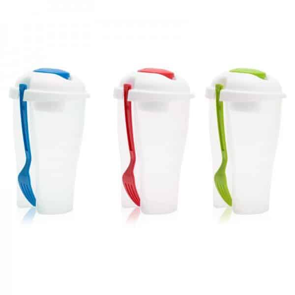 כוס לסלט עם מזלג וקופסא לרוטב