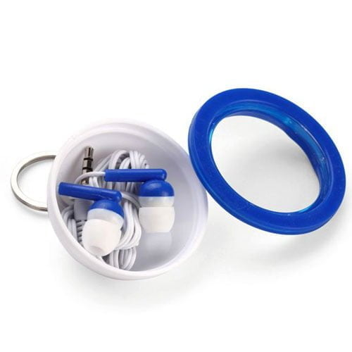 אוזניות בתוך מארז עגול ומחזיק מפתחות