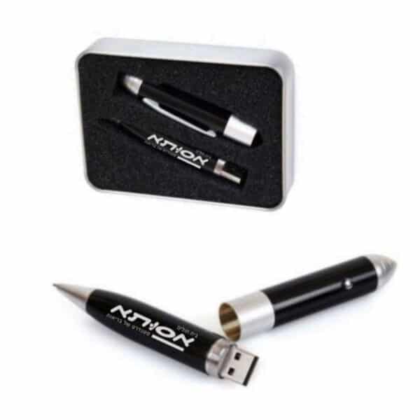 עט מתכתי ממותג עם זיכרון נייד ולייזר