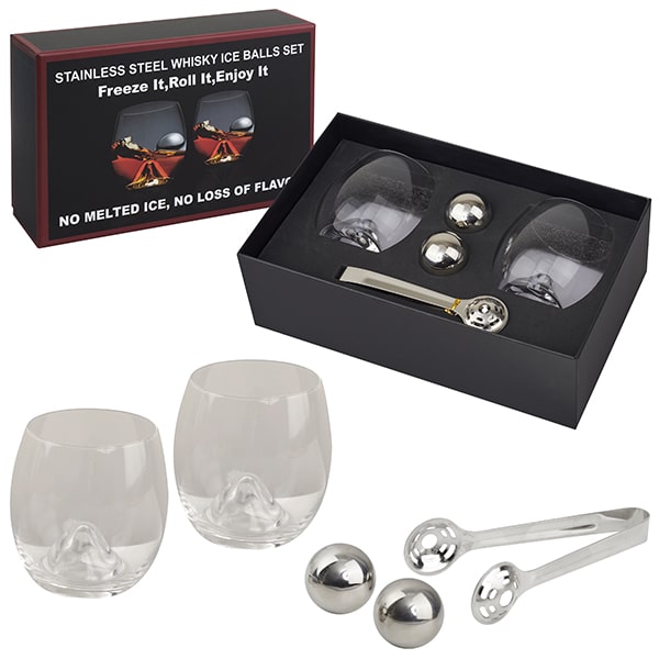 סט מתנה ויסקי – שתי כוסות עם כדורי קרח ממתכת