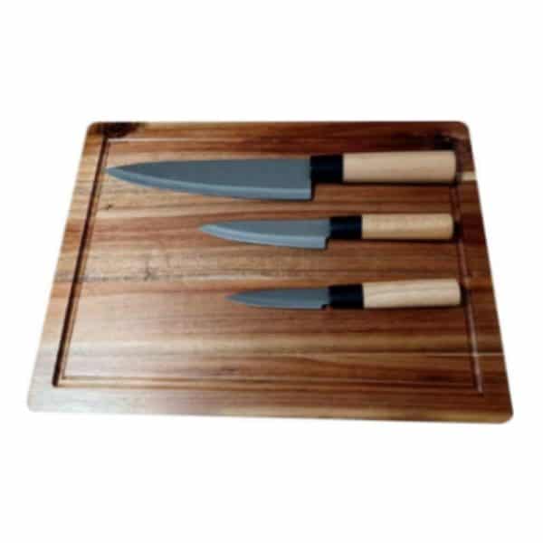 סט קרש ושלושה סכיני שף