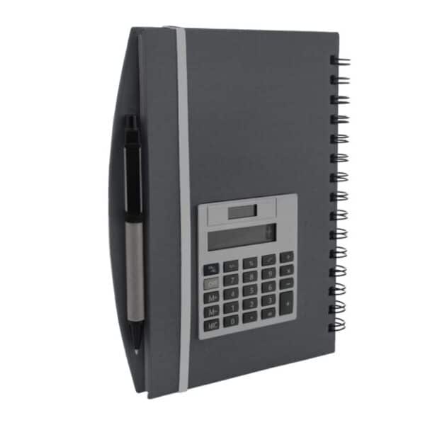 מחברת ספירלה עם מחשבון ועט