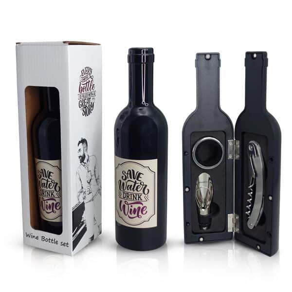 סט אביזרי יין במארז מפואר דמוי בקבוק יין
